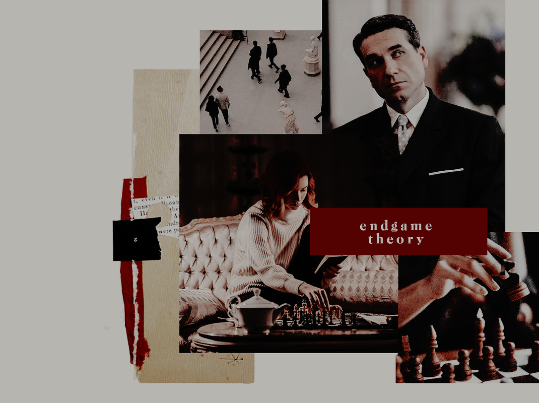A header image for the fic "Endgame Theory" showing Beth Harmon and Vasily Borgov