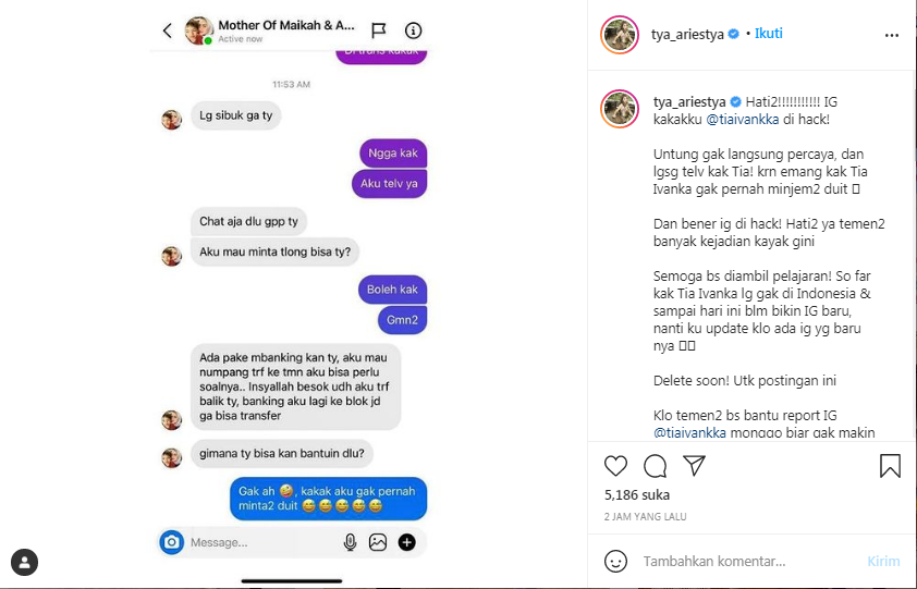 Tya Ariestya mewanti-wanti netizen untuk berhati-hati karena akun IG Tia Ivanka diretas