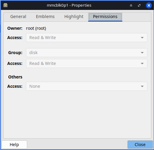 Screenshot mmcblk0p1 Permissions