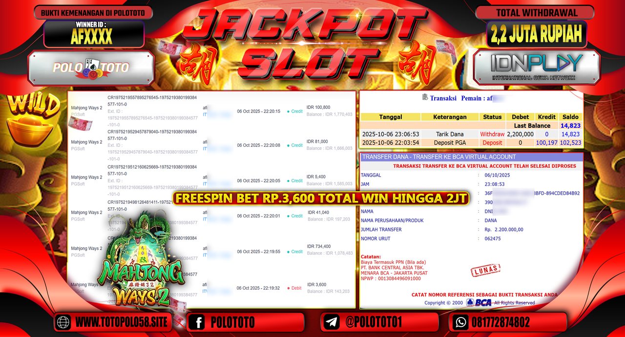 POLOTOTO JACKPOT SLOT MAHJONG WAYS 2 Rp.2.200.000,- LUNAS
