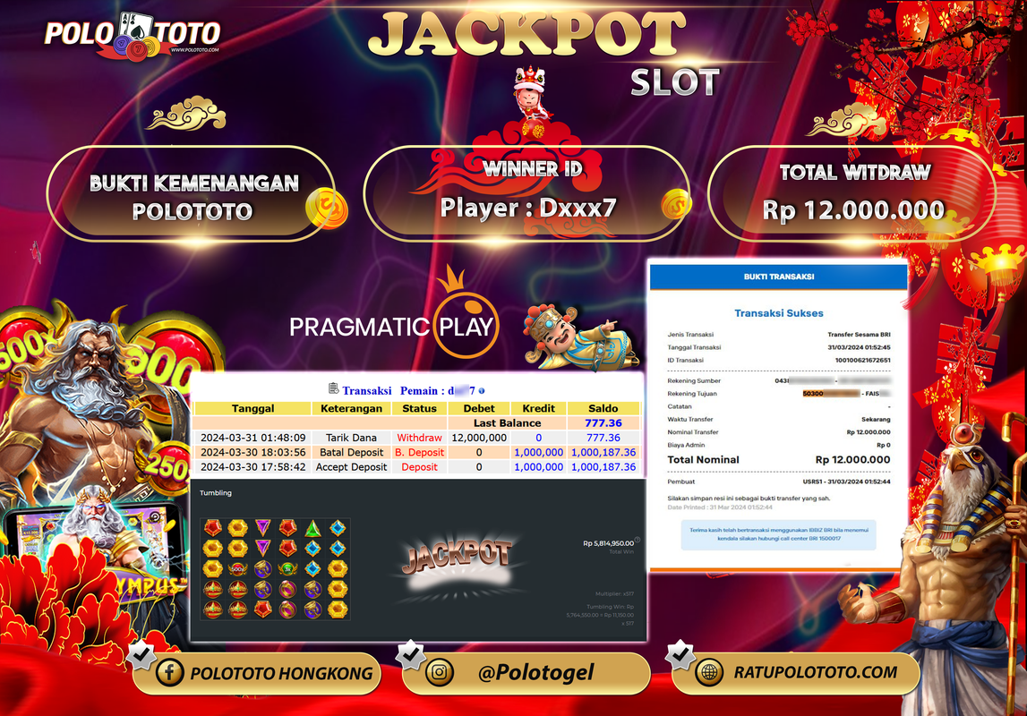 POLOTOTO BUKTI JACKPOT SLOT GATES OF OLYMPUS Rp 12.000.000,- LUNAS