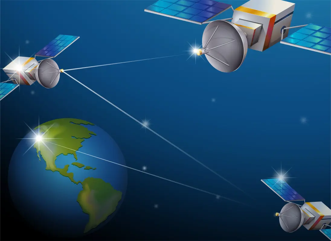 نمای شماتیک ماهواره‌های GPS در مدار زمین و ارتباط آنها با گیرنده روی زمین