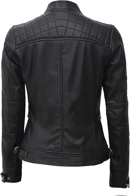 Women Quilted Shoulder Real Leather Jacket