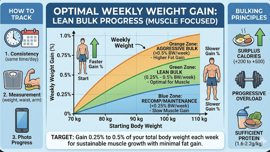Infographic showing muscle growth limits by experience level with beginner, intermediate, and advanced rates, explaining muscle gain per week and ideal bulking rate