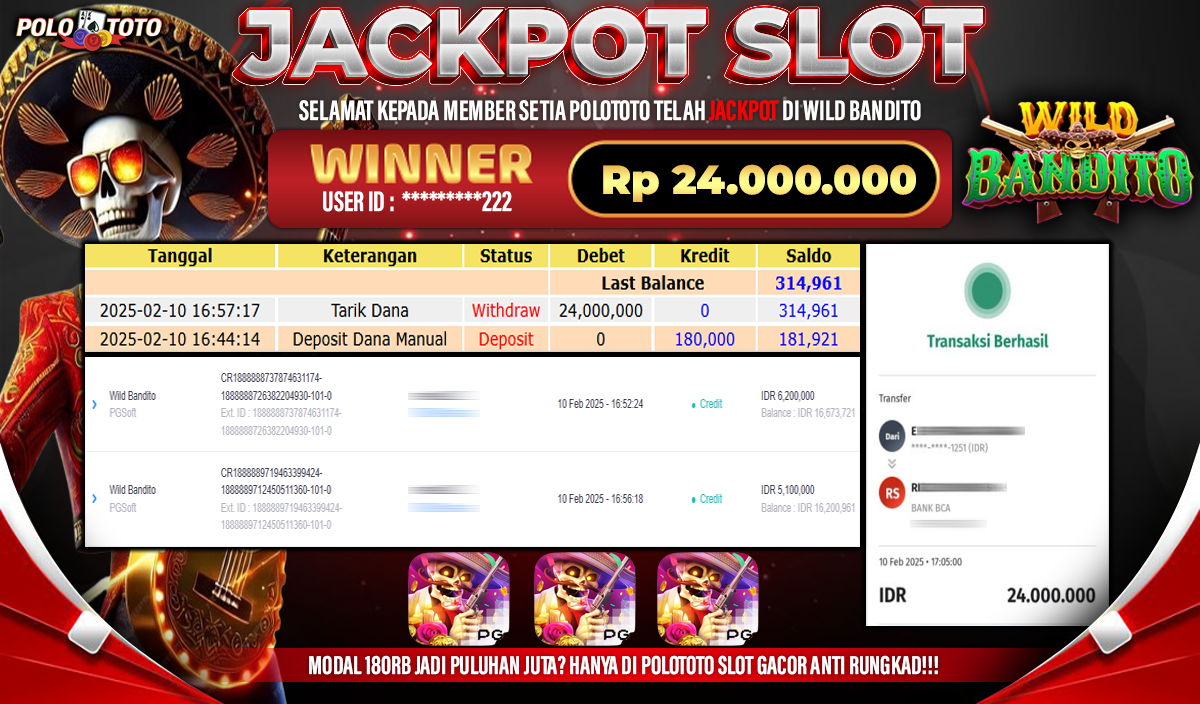 POLOTOTO JACKPOT SLOT WILD BANDITO Rp.24.000.000,-
