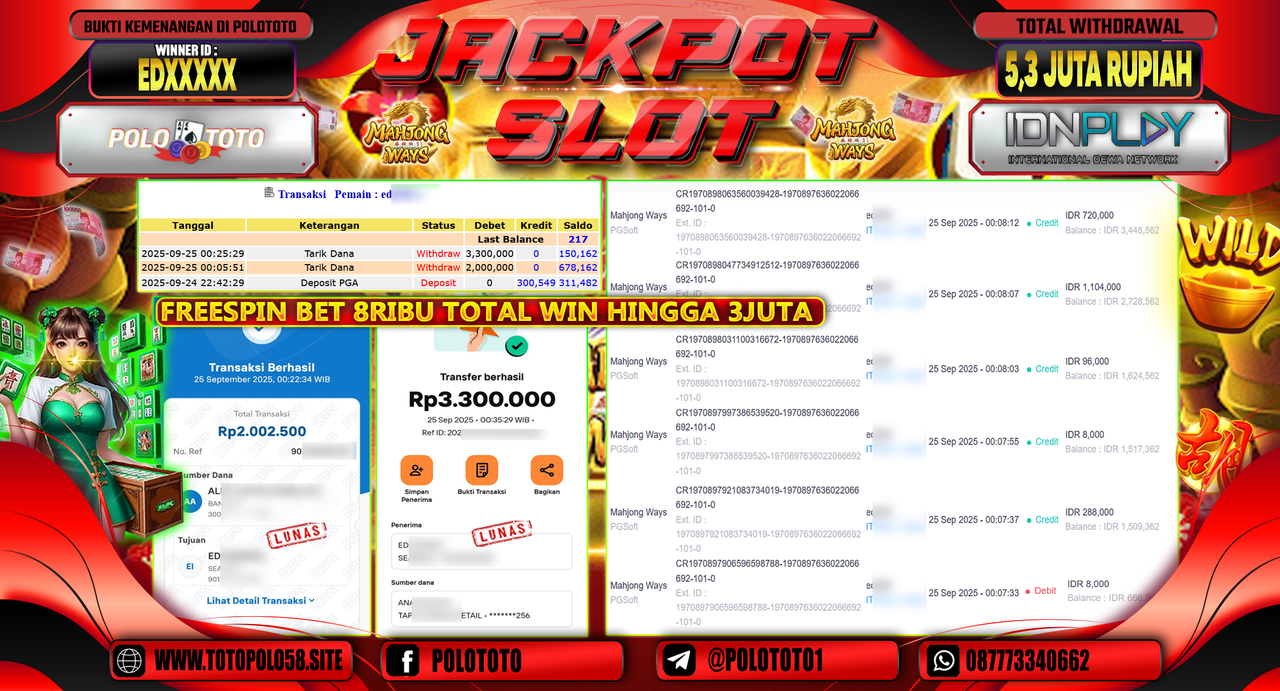 POLOTOTO JACKPOT SLOT MAHJONG WAYS Rp.5.300.000,- LUNAS