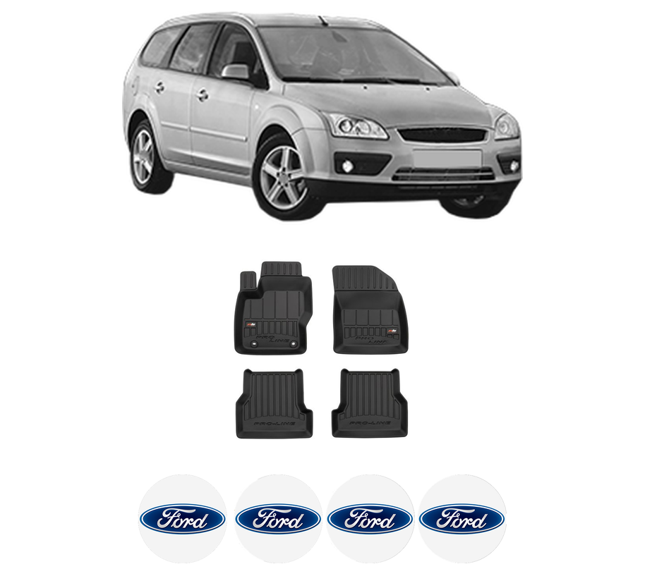 Set covorase presuri FORD FOCUS II Turnier (DA_, FFS, DS) din 2004-2012, auto, din cauciuc thermoplastic, 4 Stickere auto cu FORD