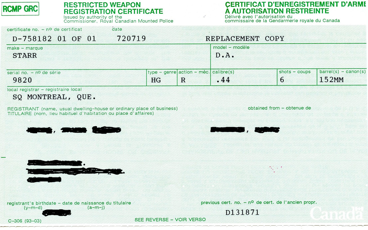 Old Registration for Starr Revolver in 1972