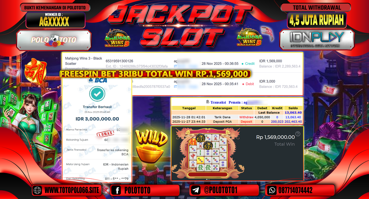 POLOTOTO JACKPOT SLOT MAHJONG WNS 3 - BLACK SCATTER Rp.4.5000.000,- LUNAS