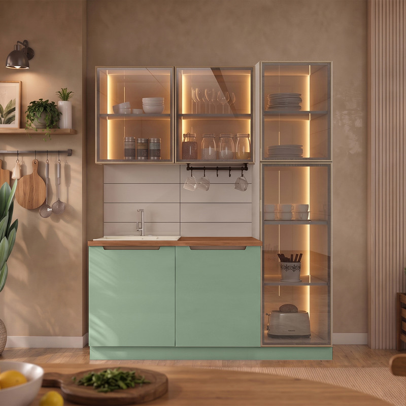 Hera 170 cm Mutfak Dolabı Seti %100 MDF Ledli Boy Dolaplı Lavabolu Raflı Mutfak Dolabı Takımı 5 Modül Tezgah Dahil Yeşil Bej