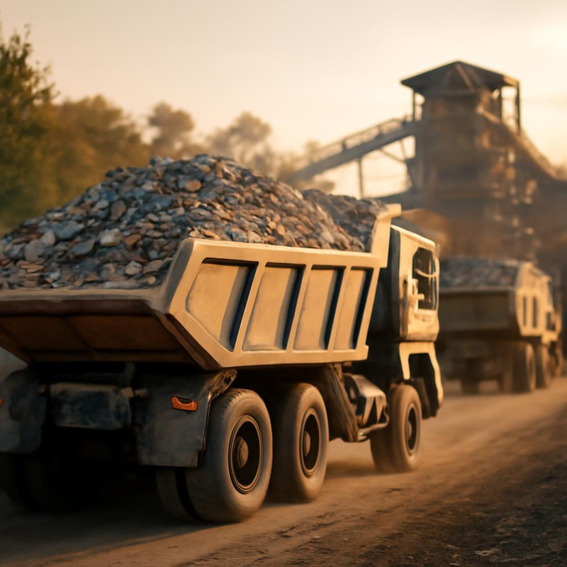 Транспортировка строительных отходов самосвалами к перерабатывающему заводу