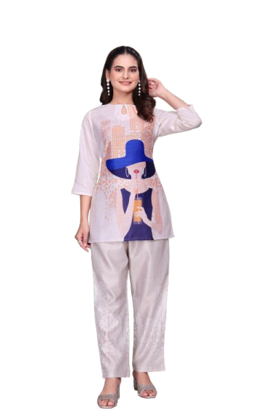BLUMAIRE Trendy Co-Ord Set for Women | Stylish Printed Kurti with Pant | Casual & Office Wear Outfit, XXL