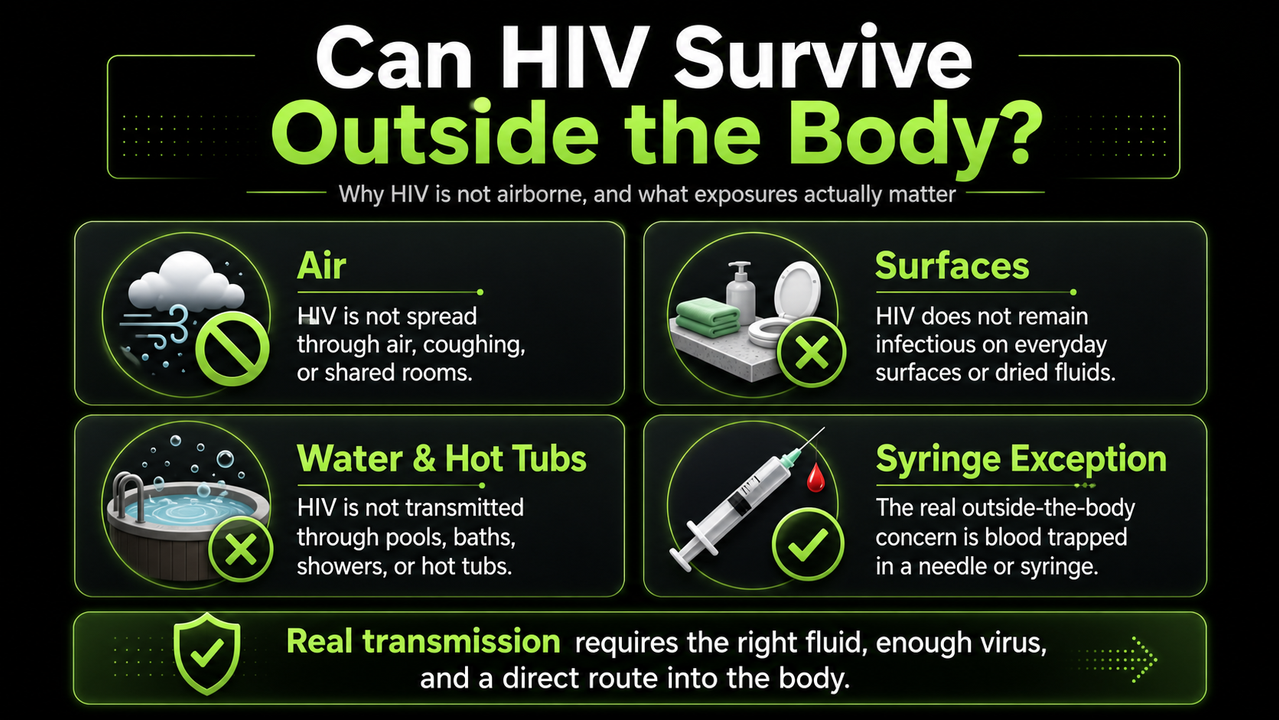 Educational infographic explaining that HIV does not spread through air, water, hot tubs, pools, toilets, towels, bedding, surfaces, sweat, tears, saliva, or casual contact, and that real transmission requires specific body fluids and a direct route into the body.