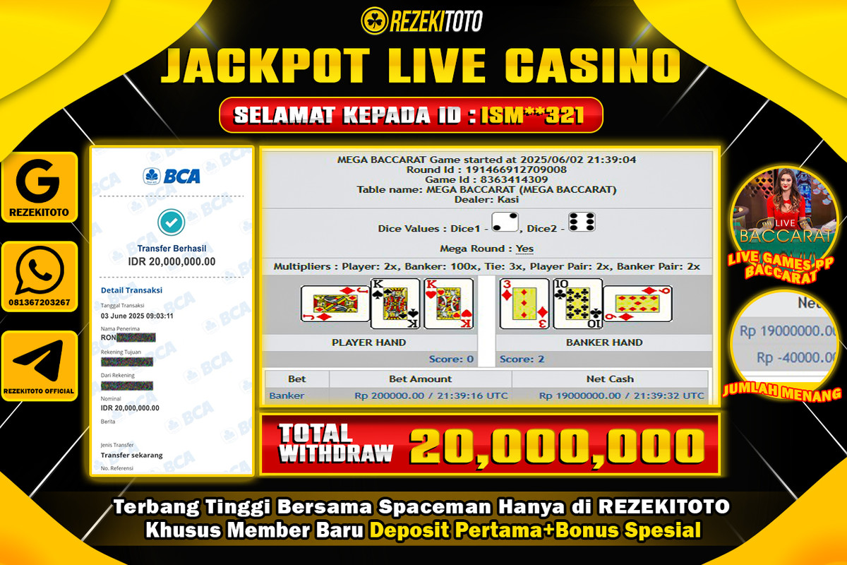 BUKTI KEMENANGAN 03 JUNI 2025 LIVE GAMES PP : BACCARAT WD 20 JUTA 