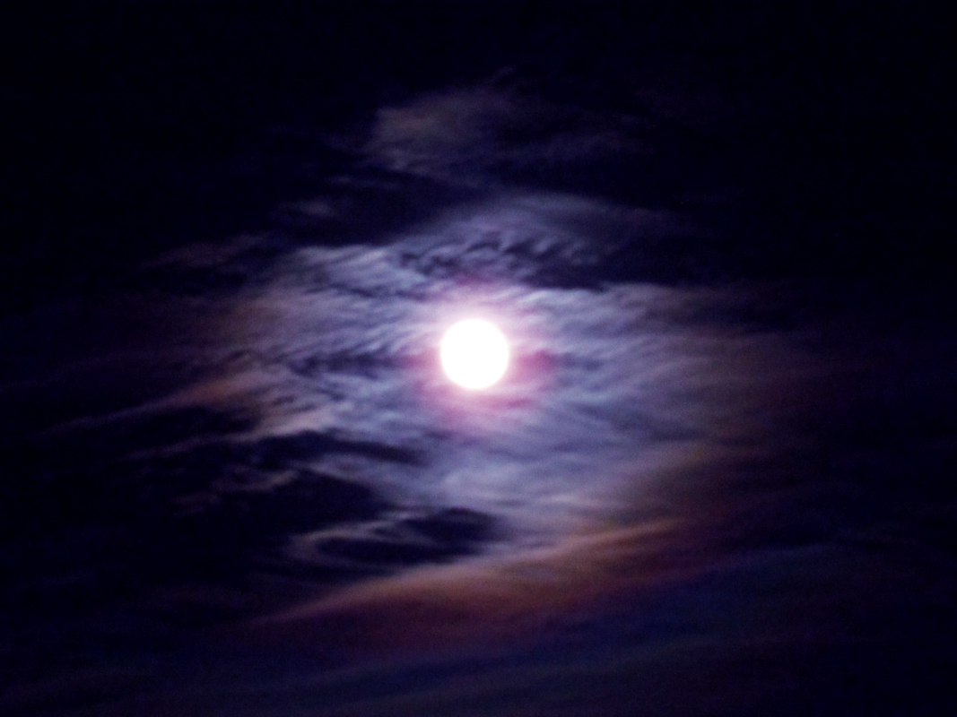 a photograph of the full moon shrouded in clouds like mist