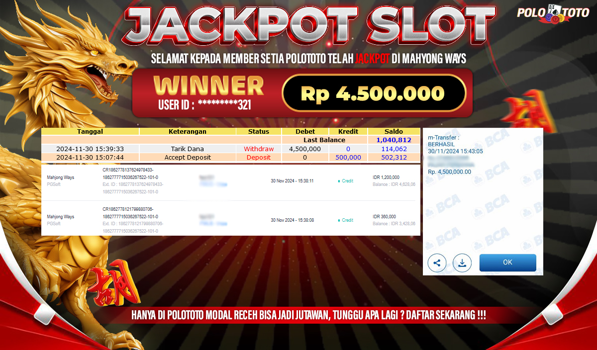 POLOTOTO JACKPOT SLOT MAHJONG WAYS Rp.4,500.000,-