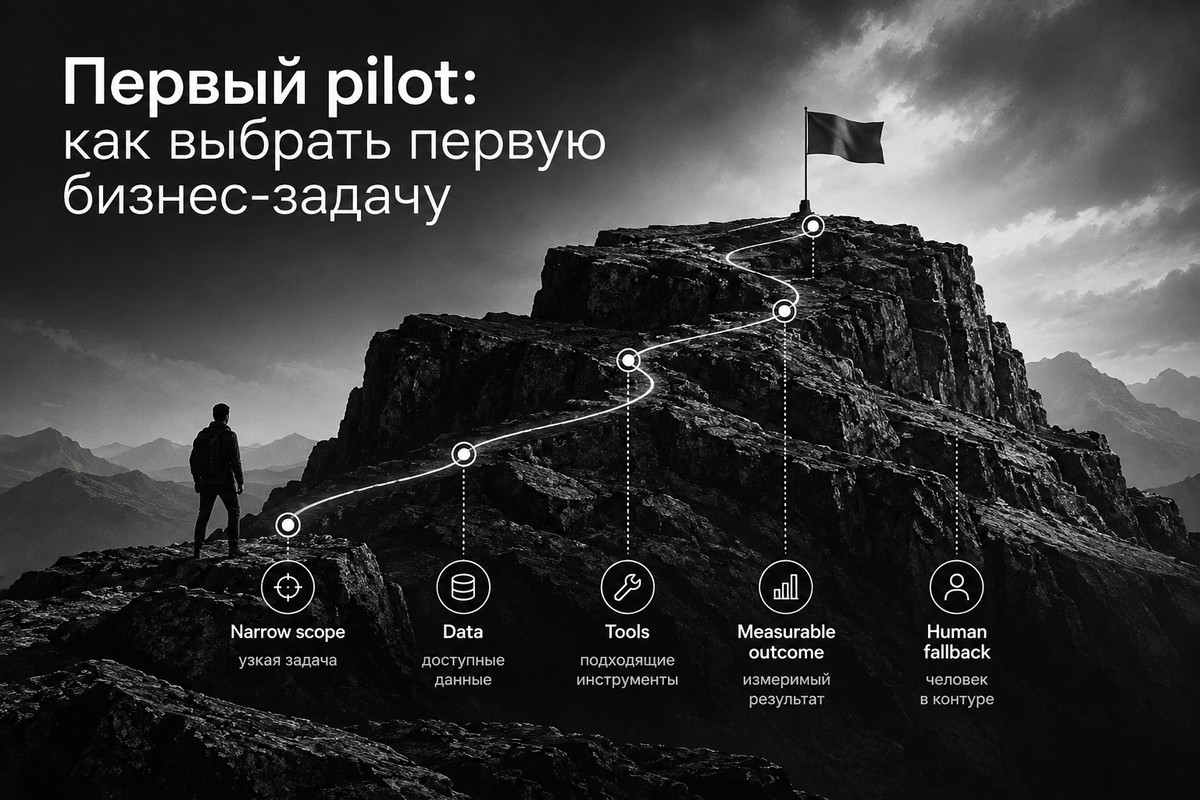 Выбор первого пилота ИИ-агента: узкая задача, данные, инструменты, измеримый результат и человек в контуре