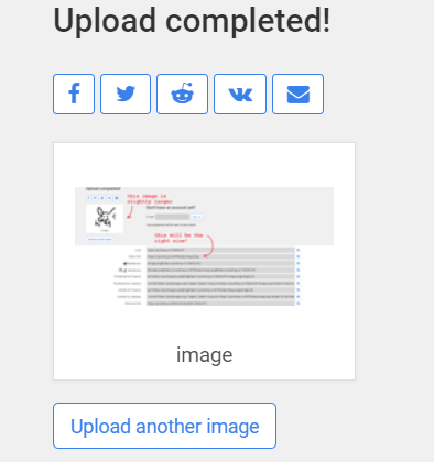 The 'upload completed' screen on Postimages. The preview image is much smaller than the actual image size.