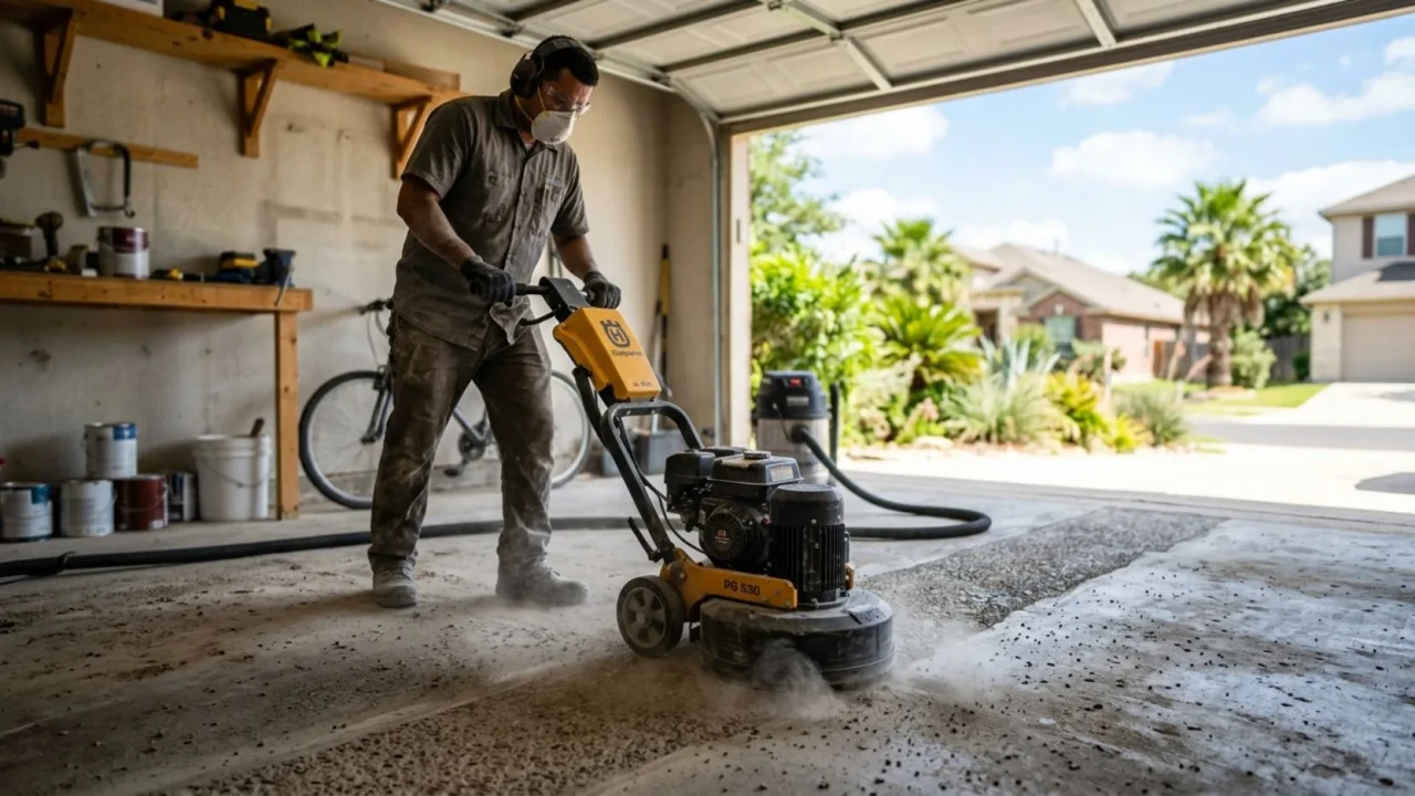 Concrete grinder prepping a garage slab before staining in San Antonio