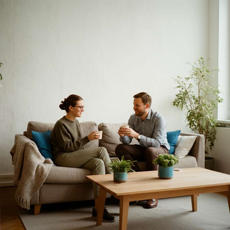 Två personer som har ett avslappnat samtal i en soffa medan de dricker kaffe.