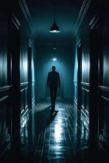 Dark, suspenseful hallway with a shadowy figure in the distance, evoking tension and psychological mystery
