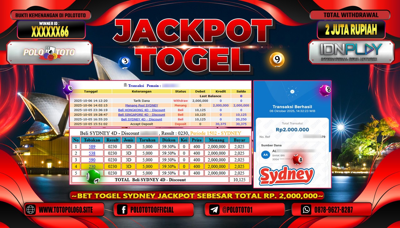 POLOTOTO JACKPOT TOGEL POOL SYDNEY Rp.2.000.000,- LUNAS