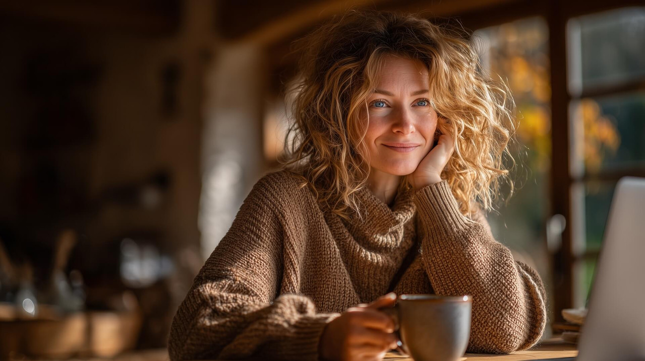 Женщина дома на уютной кухне заказывает оригинальный подарок мужу через ноутбук онлайн.