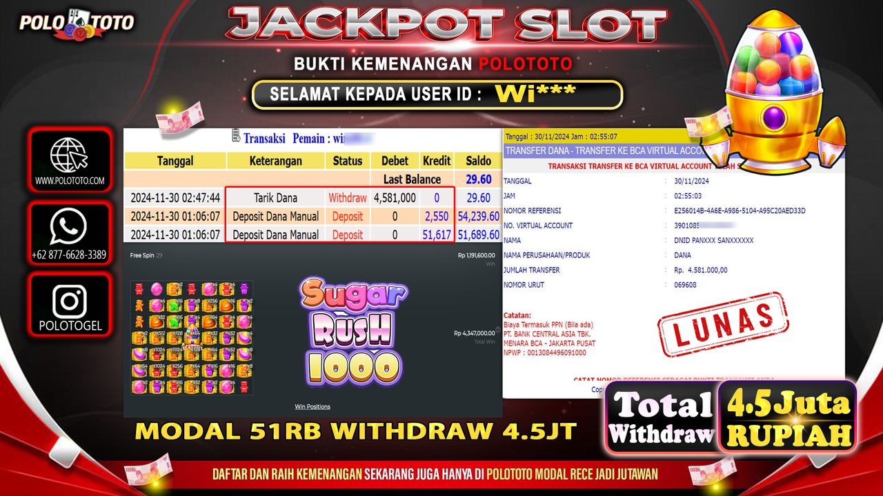 POLOTOTO JACKPOT SLOT SUGAR RUSH 1000 Rp.4,581.000,-