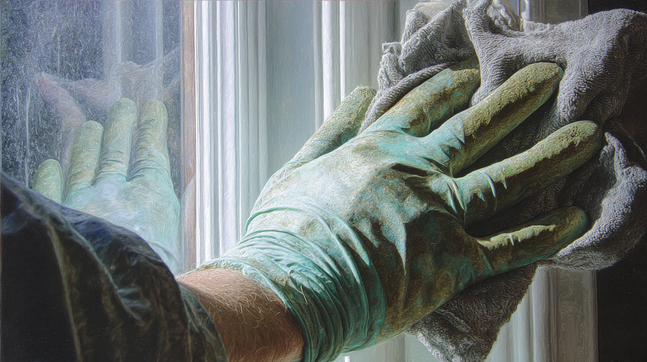 Рука с тряпкой моет окно