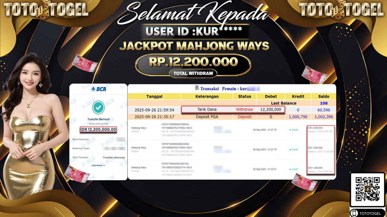Bukti Pembayaran Jackpot Permainan Slot Mahjong Ways ID:KUR*** LUNAS