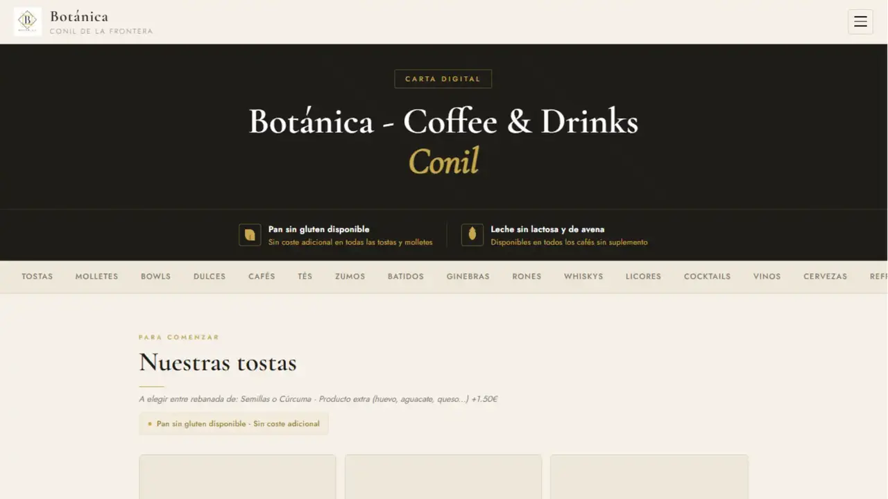 Carta digital menu movil Botanica Conil hosteleria Cadiz