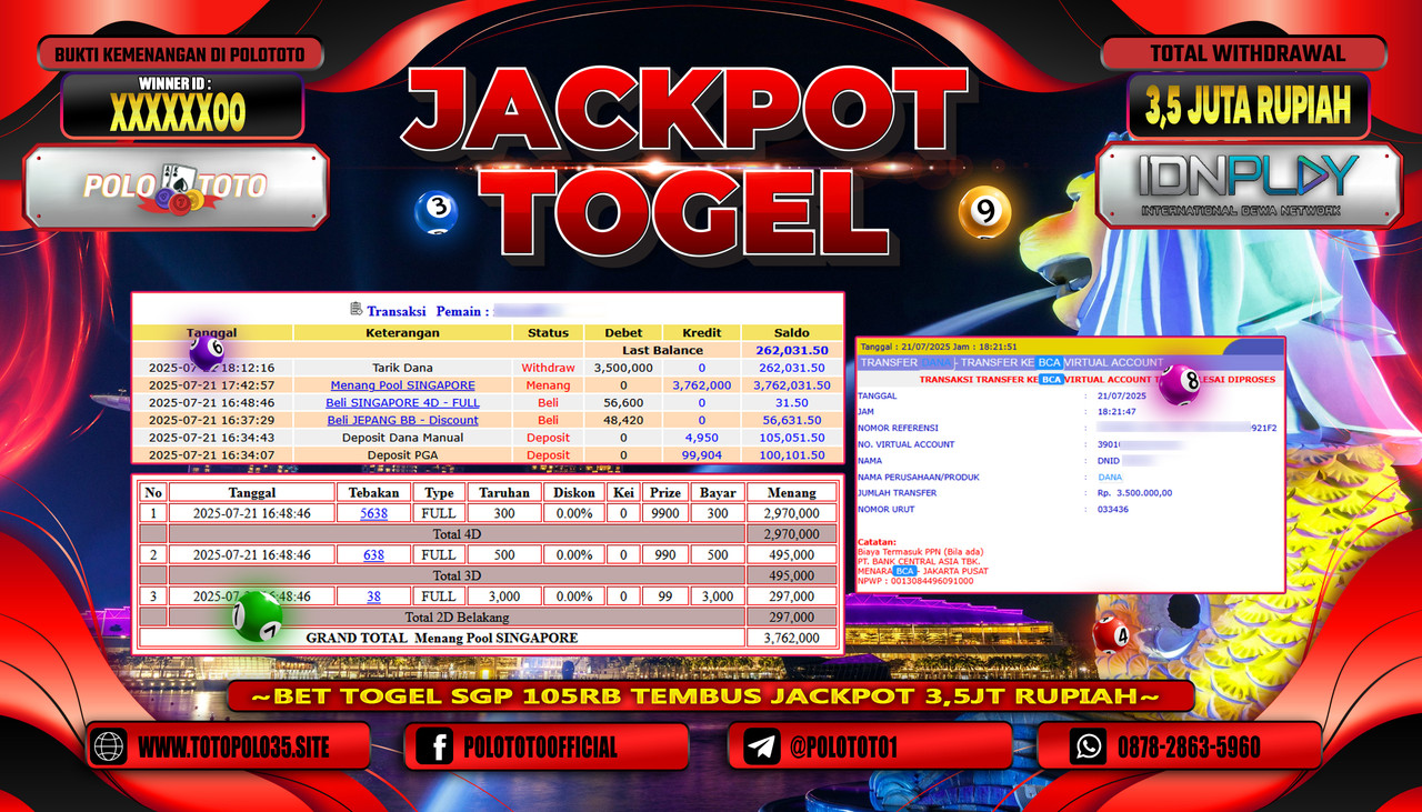 POLOTOTO JACKPOT TOGEL SINGAPORE POOLS Rp.3.500.000,- LUNAS