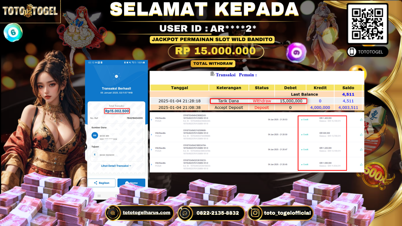 Bukti Pembayaran Jackpot  Permainan Slot Wild Bandito : AR***2* LUNAS