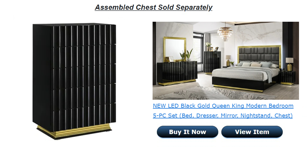 NEW Modern LED 4PC Gloss Black Gold Queen King Contemporary Bedroom Set  B/D/M/N | eBay