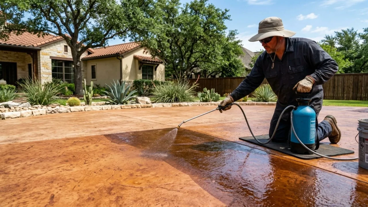 Concrete sealer being applied to freshly stained patio in San Antonio Texas