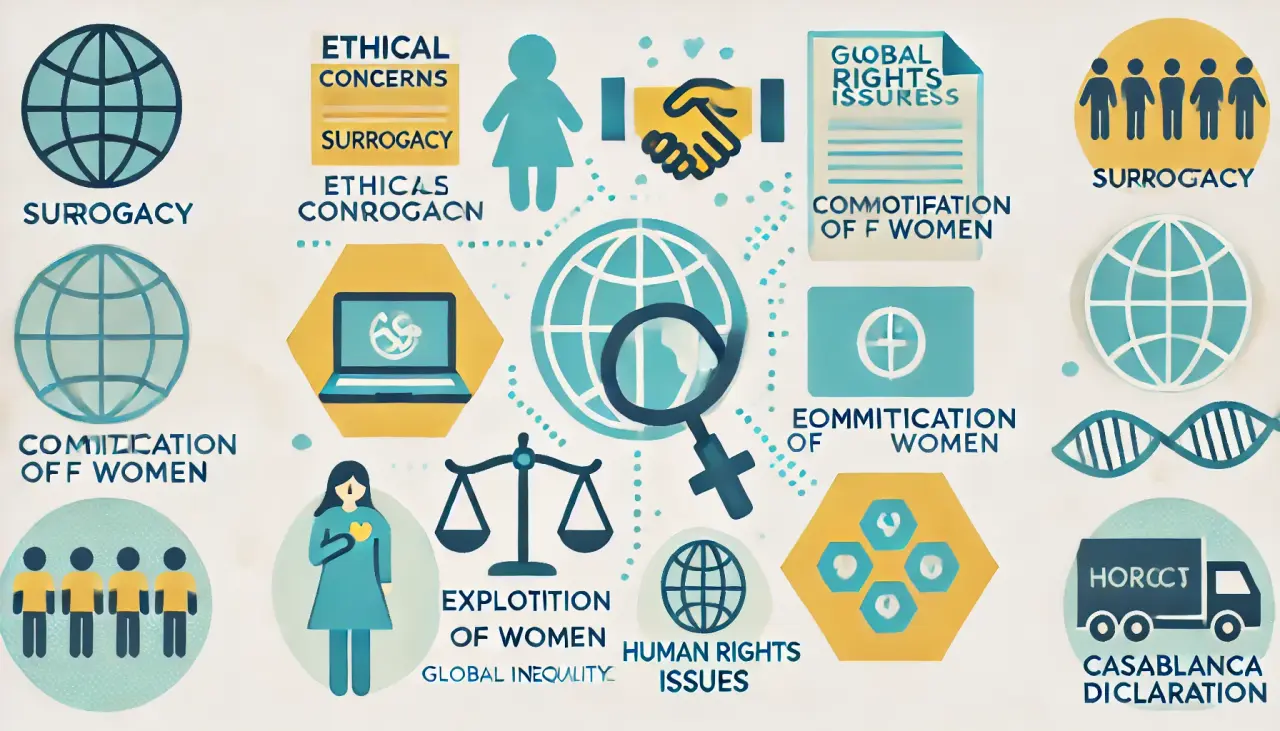 Graphic showing ethical concerns in surrogacy, highlighting exploitation, commodification, and inequality as outlined in the Casablanca Declaration.