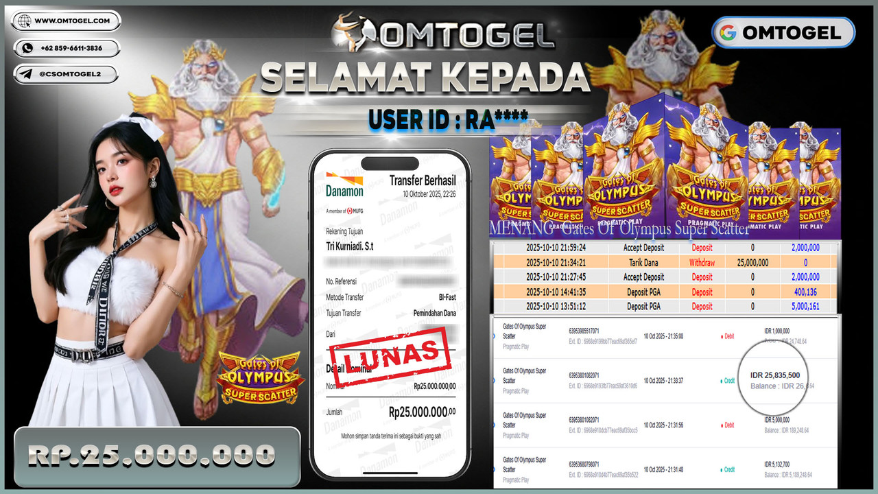 OMTOGEL JACKPOT PRAGMATIC PLAY GATES OF OLYMPUS SUPER SCATTER 25 JUTA DI BAYAR LUNAS ,-