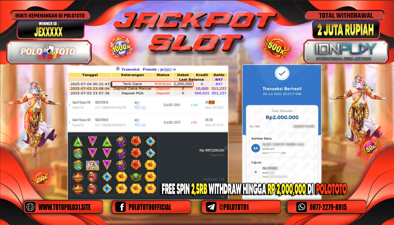 POLOTOTO JACKPOT SLOT GATES OF OLYMPUS 1000 Rp.2.000.000,-