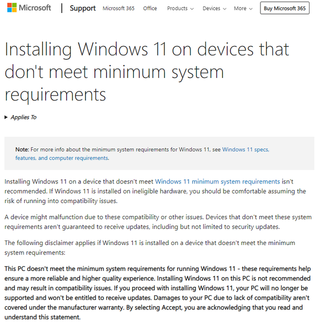 MS about Windows 11 hw requirements