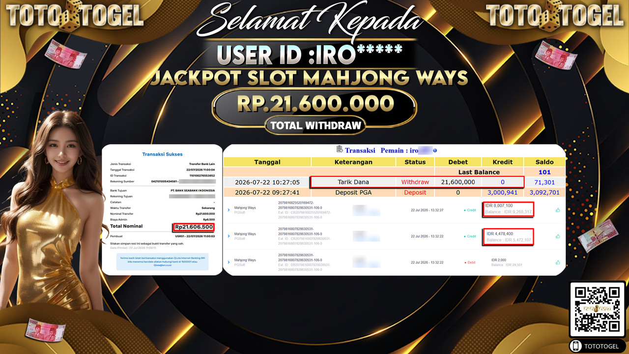 Bukti Pembayaran Jackpot SLOT MAHJONG WAYS  ID:IRO****LUNAS