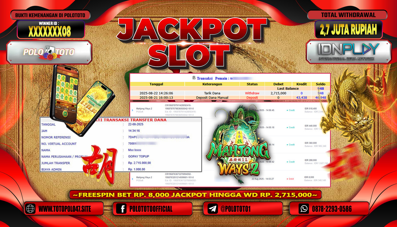 POLOTOTO JACKPOT SLOT MAHJONG WAYS 2 Rp.2.700.000,- LUNAS