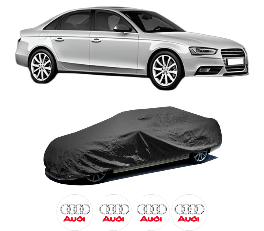 Husa tip prelata auto pentru AUDI A4 B8 (8K2) din 2007-2015, Culoare Negru, material textil impermeabil, rezistanta la intemperii praf UV, CARPASSION Husa Protectie, 4 Stickere auto cu AUDI