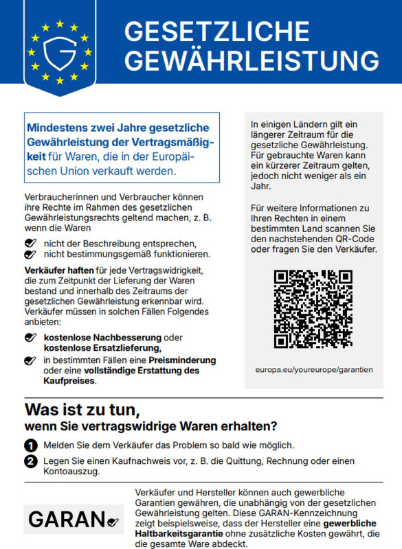 Gesetzliche Gewährleistung und GARAN Garantie-Information