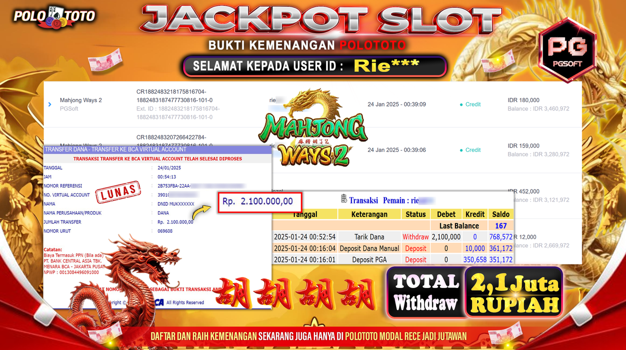 POLOTOTO JACKPOT SLOT MAHJONG WAYS 2 Rp.2,100.000,-