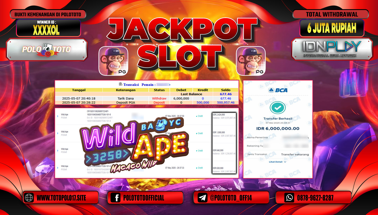 POLOTOTO JACKPOT SLOT WILD APE Rp.6.000.000,-