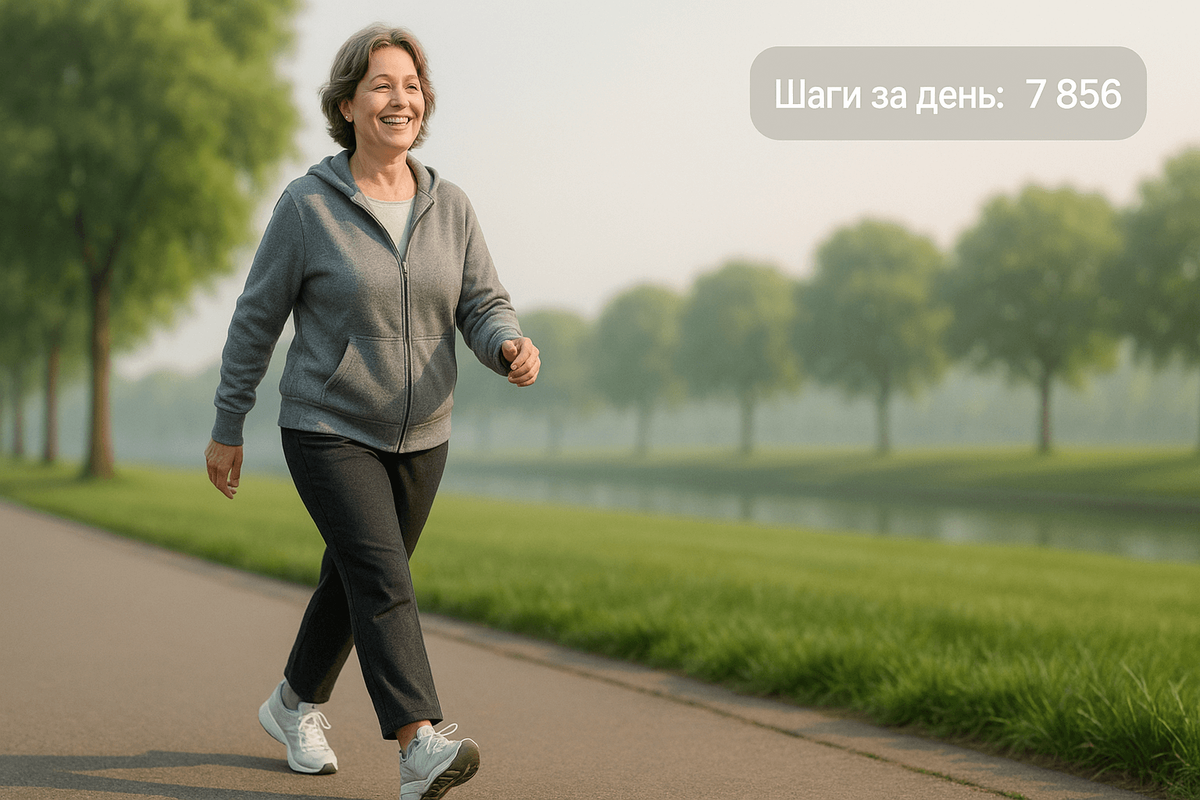 Женщина средних лет идёт быстрым шагом по набережной