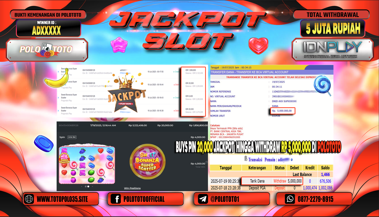 POLOTOTO JACKPOT SLOT SWEET BONANZA SUPER SCATTER Rp.5.000.000,- LUNAS