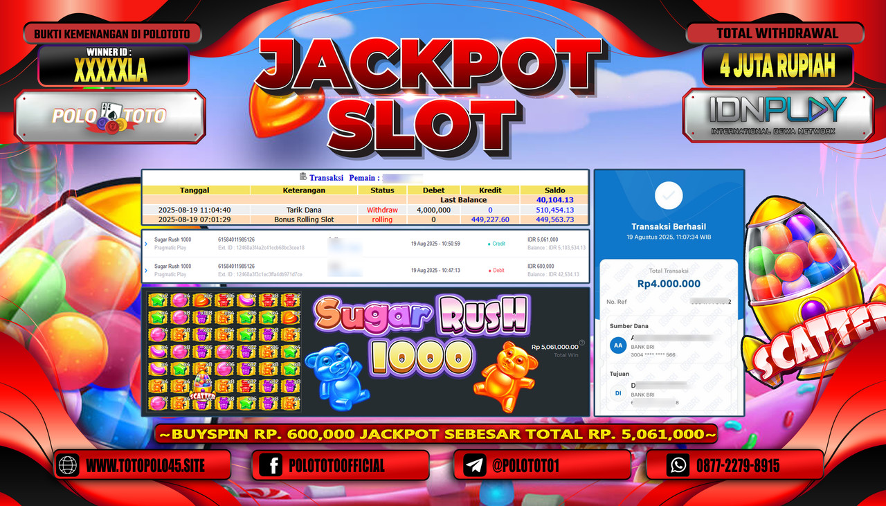 POLOTOTO JACKPOT SLOT SUGAR RUSH 1000 Rp.4.000.000,- LUNAS