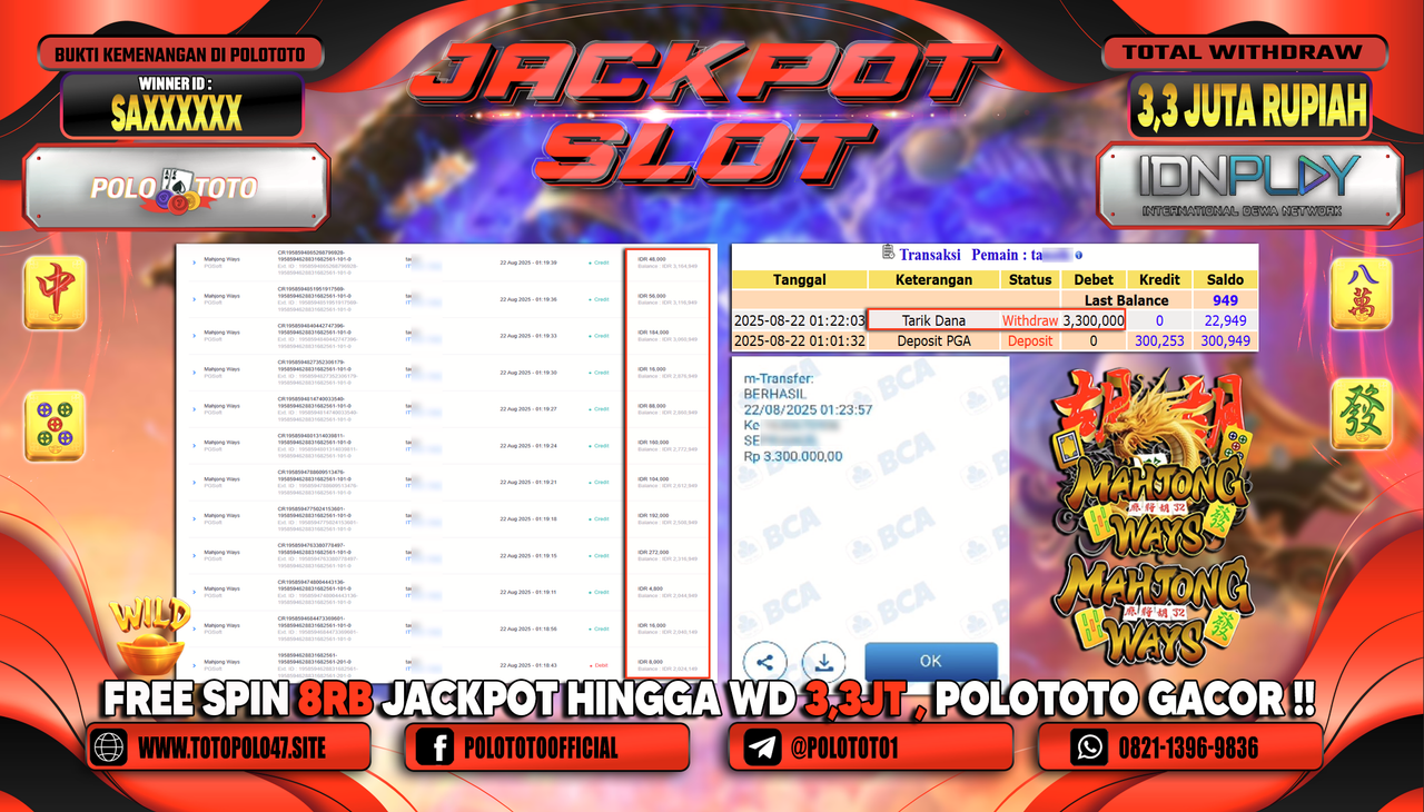 POLOTOTO JACKPOT SLOT MAHJONG WAYS Rp.3.300.000,-