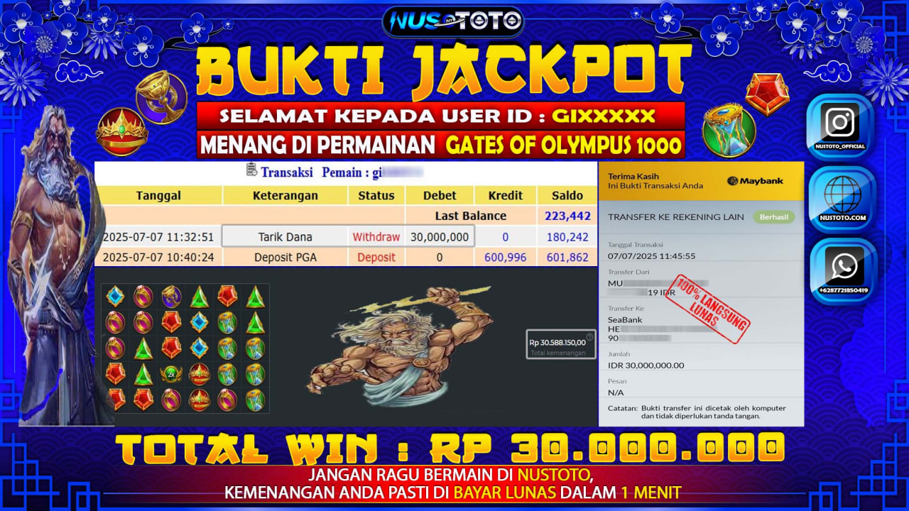 JACKPOT !! MENANG BESAR DI SLOT GATES OF OLYMPUS 1000 Rp. 30.000.000 LANGSUNG DI BAYAR LUNAS NUSTOTO !!